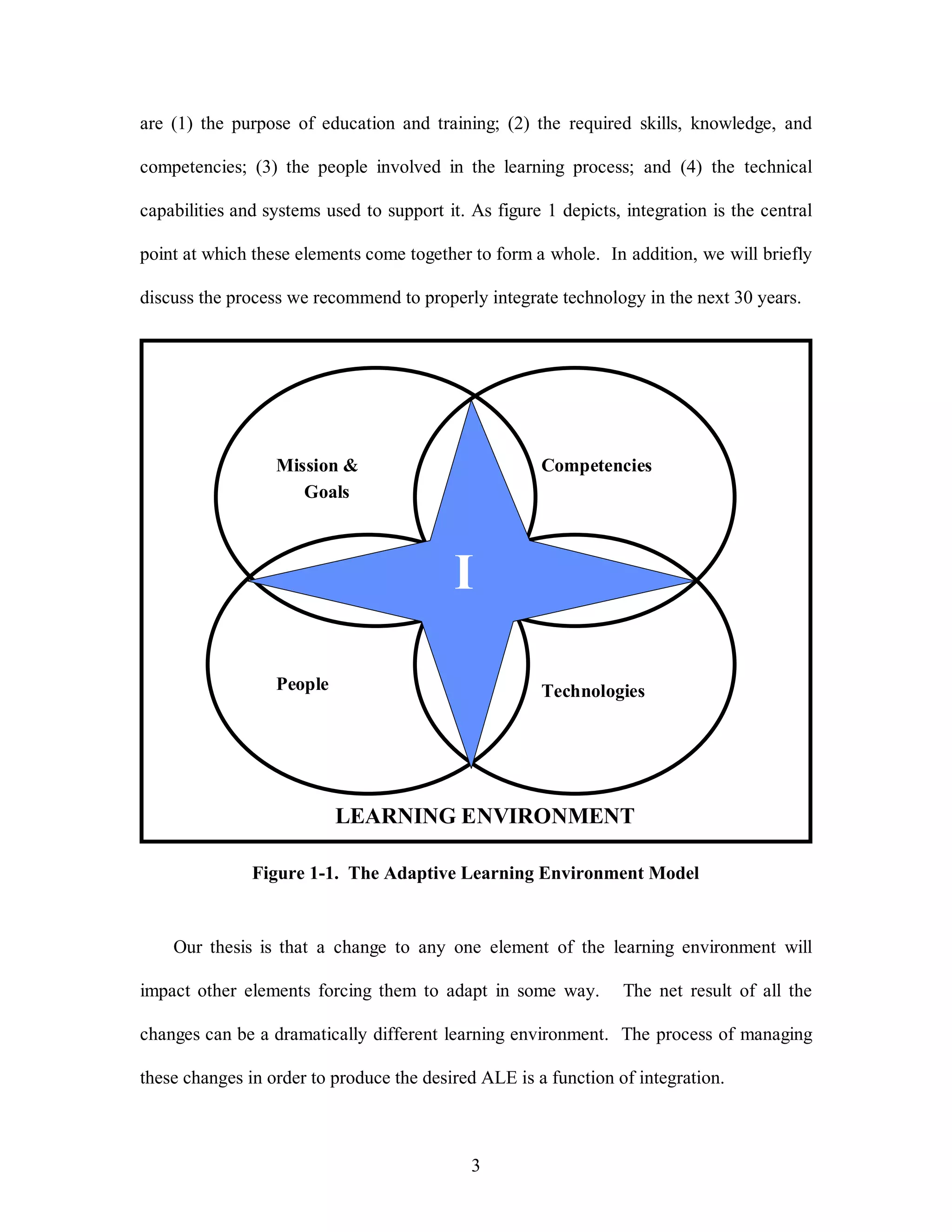 are (1) the purpose of education and training; (2) the required skills, knowledge, and 
competencies; (3) the people involved in the learning process; and (4) the technical 
capabilities and systems used to support it. As figure 1 depicts, integration is the central 
point at which these elements come together to form a whole. In addition, we will briefly 
discuss the process we recommend to properly integrate technology in the next 30 years. 
I 
3 
Mission & 
Goals 
Competencies 
People Technologies 
LEARNING ENVIRONMENT 
Figure 1-1. The Adaptive Learning Environment Model 
Our thesis is that a change to any one element of the learning environment will 
impact other elements forcing them to adapt in some way. The net result of all the 
changes can be a dramatically different learning environment. The process of managing 
these changes in order to produce the desired ALE is a function of integration. 
 