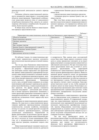 36 No 4 (4) (2016) | # BIOLOGICAL SCIENCES #
производительной деятельности данного периода
[1; с. 23].
Основные субъекты инвестиционной деятель-
ности называются инвесторами и пользователями
объектов инвестирования. Характерной особенно-
стью инвесторов является отказ от немедленного
потребления имеющихся благ, средств, но удовле-
творение собственных потребностей в будущем на
новом, более высоком уровне.
В общем виде участие банков в инвестицион-
ном процессе представляется как:
• привлечение банками средств на инвестици-
онные цели;
• предоставление инвестиционных кредитов;
• вложения средств в ценные бумаги, паи, до-
левые участия.
При этом банк должен представлять преиму-
щества и недостатки каждого направления инвести-
ционного процесса, что отражается в таблице целе-
вых ориентиров инвестиционной деятельности
банка.
Таблица 1
Характеристика инвестиционных качеств объектов банковского инвестирования [1;c.218]
Объекты вложения Доходность Ликвидность Риск
Инвестиционные кредиты + - +
Срочные депозиты +/- - -
Акции + +/- +
Паи, долевые участия + +/- +
Ценные бумаги с фиксированной ставкой % + +/- +/-
Государственные ценные бумаги + + -
Недвижимость + - +
Драгоценные металлы и камни - + -
Из таблицы 1 видно, что инвестиционные кре-
диты имеют сравнительно высокую доходность
при относительно высоких рисках и низкой ликвид-
ности.
Так что же такое банковское инвестиционное
кредитование? Инвестиционное или проектное (от
лат. projectus — «брошенный вперед») кредитова-
ние некоторые ученые определяют как кредитова-
ние прямых инвестиционных мероприятий или ре-
альных инвестиций (вложений в основной капитал
и в прирост материально-производственных запа-
сов). Более распространенное понятие банковского
инвестиционного кредитования – банковская
услуга, заем, который можно направить на усовер-
шенствование действующего производства, расши-
рение масштаба бизнеса, а также на реализацию но-
вых проектов. Эта форма кредита становится
довольно популярной – длительный срок погаше-
ния и низкие проценты привлекают заемщиков, а
самих кредиторов привлекает возможность при не-
конкурентоспособности предприятия забрать его
имущество, оставленное в залог, вернув себе часть
или весь долг.
Заемщики по инвестиционному кредиту разно-
образны. Но чаще всего к инвестиционному креди-
тованию прибегают производственные компании
(строительство, сельское хозяйство, инновации),
потому что для них это самый простой и недорогой
способ повысить производительность, улучшив
техническую оснащенность. Ограничений по
форме организации, по различным другим призна-
кам нет – в настоящее время инвестиционный кре-
дит могут получить не только акционерные обще-
ства, но и индивидуальные предприниматели и
даже простые граждане, желающие открыть свое
дело.
Инвестиционный кредит называют видом дол-
госрочной ссуды на условиях платности, срочности
и возвратности. При данном виде долгосрочной
ссуды банк имеет право вернуть основную сумму
долга и сумму процентных платежей, но не имеет
права участвовать в осуществлении совместной хо-
зяйственной деятельности. Но при этом инвестици-
онное кредитование имеет ряд отличий от долго-
срочного кредитования. Так, характерной
особенностью инвестиционного кредитования яв-
ляется наличие финансируемого проекта. Инвести-
ционный кредит выдается только для реализации
или развития данного проекта, при этом банк-инве-
стор фактически принимает на себя часть рисков по
его претворению в жизнь. Поэтому инвестицион-
ные кредиты считают строго целевыми. Банк-кре-
дитор тщательно следит за тем, чтобы заемщик не
истратил деньги на иные нужды. В некоторых слу-
чаях кредитные организации даже помогают самим
предпринимателям в финансовых расчетах, чтобы
организовать своевременное поступление ежеме-
сячных платежей.
Направленность инвестиционного кредитова-
ния на определенные цели отражается в понятии
инвестиционного проекта. В современной литера-
туре под инвестиционным проектом понимается
комплексный план мероприятий (включающий ка-
питальное строительство, приобретение техноло-
гий, закупку оборудования, подготовку кадров),
направленный на создание нового или модерниза-
цию действующего производства товаров и услуг с
целью получения экономической выгоды или до-
стижения полезного эффекта.
Так как часть финансового риска по
реализации проекта берет на себя банк-инвестор, то
он внимательно изучает инвестиционный проект
заемщика, дает оценку его состоятельности.
Довольно часто критериями эффективности и
потенциальности проекта становится:
 