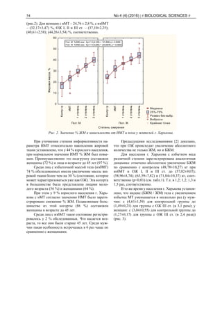 54 No 4 (4) (2016) | # BIOLOGICAL SCIENCES #
(рис.2). Для женщин с нМТ – 24,76 ± 2,8 %, с избМТ
– (32,17±3,47) %, ОЖ І, ІІ и ІІІ ст. – (37,10±2,25);
(40,61±2,58); (44,26±3,54) %, соответственно.
Степень ожирения
Жироваямасса,%
Медиана
25%-75%
Размах без выбр.
Выбросы
Крайние точкиПол: М
Контргр
ИМТ
1степень
2степень
3степень
0
10
20
30
40
50
60
Пол: Ж
Контргр
ИМТ
1степень
2степень
3степень
Пол: М %ЖМ изм: Кр-У H(4;125) = 101,839; p = 0.0000
Пол: Ж %ЖМ изм: Кр-У H(4;294) = 243,6076; p = 0.0000
Рис. 2. Значение % ЖМ в зависимости от ИМТ и пола у жителей г. Харькова.
При уточнении степени информативности па-
раметра ИМТ относительно накопления жировой
ткани установлено, что у 44 % взрослого населения,
при нормальном значении ИМТ % ЖМ был повы-
шен. Преимущественно это подгруппу составляли
женщины (72 %) и лица в возрасте до 45 лет (97 %).
Среди лиц с избыточной массой тела (избМТ)
74 % обследованных имели увеличение массы жи-
ровой ткани более чем на 30 % (состояние, которое
может характеризоваться уже как ОЖ). Эта когорта
в большинстве была представлена лицами моло-
дого возраста (56 %) и женщинами (64 %).
При этом у 9 % взрослого населения г. Харь-
кова с нМТ согласно значению ИМТ было зареги-
стрировано снижение % ЖМ. Подавляющее боль-
шинство из этой когорты (86 %) составляли
женщины в возрасте до 45 лет.
Среди лиц с избМТ такое состояние регистри-
ровалось у 2 % обследованных. Что касается воз-
раста, то все они были старше 45 лет. Среди муж-
чин такая особенность встречалась в 6 раз чаще по
сравнению с женщинами.
Предыдущими исследованиями [2] доказано,
что при ОЖ происходит увеличение абсолютного
количества не только ЖМ, но и БЖМ.
Для населения г. Харькова с избытком веса
различной степени зарегистрирована аналогичная
динамика: отмечено абсолютное увеличение БЖМ
по сравнению с контролем (48,78±10,27) кг при
избМТ и ОЖ I, II и III ст. до (57,02±9,07);
(58,96±8,74); (63,59±7,82) и (71,04±10,37) кг, соот-
ветственно (р<0,01) (см. табл.1). Т.е. в 1,2; 1,2; 1,3 и
1,5 раз, соответственно.
В то же время у населения г. Харькова установ-
лено, что индекс (БЖМ / ЖМ) тела с увеличением
избытка МТ уменьшается в несколько раз (у муж-
чин: с (4,61±1,59) для контрольной группы до
(1,49±0,21) для группы с ОЖ ІІІ ст. (в 3,1 раза); у
женщин: с (3,04±0,55) для контрольной группы до
(1,27±0,17) для группы с ОЖ ІІІ ст. (в 2,4 раза))
(рис. 3).
 