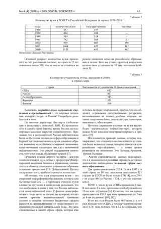 No 4 (4) (2016) | # BIOLOGICAL SCIENCES # 65
Таблица 2
Количество вузов в РСФСР и Российской Федерации за период 1970–2010 гг.
годы количество всего государственные частные
1970 457 457 –
1980 494 494 –
1990 514 514 –
1995 762 569 193
2000 965 607 358
2005 1068 655 413
2010 1155 653 462
Источник: данные Росстата
Основной прирост количества вузов произо-
шёл за счёт увеличения частных, которых за 15 лет
появилось около 500, что не могло не сказаться на
резком снижении качества российского образова-
ния в целом. Зато мы стали гордиться возросшим
количеством студентов на 10 тыс. населения (таб-
лица 3).
Таблица 3
Количество студентов на 10 тыс. населения в 2010 г.
в странах мира
Страна Численность студентов на 10 тысяч населения
США 612
Россия 493
Великобритания 385
Франция 321
Япония 306
Возможно, закрытие вузов, сокращение сту-
дентов и преподавателей – это мировая тенден-
ция, которой следует и Россия? Попробуем разо-
браться в этом.
По мнению директора Института глобализа-
ции и социальных движений, Б.Ю. Кагарлицкого:
«Ни в одной стране Европы, кроме России, не пла-
нируется массовое закрытие университетов». При-
знавая, что в постсоветской России действительно
была «избыточная экспансия» сферы образования и
бурный рост некачественных вузов, социолог обра-
тил внимание на особенность мировой экономики:
вузы «начинают плодиться» там, где с экономикой
неблагополучно. Это способ поддержания занято-
сти, хотя и не всегда объективно нужной [7].
Приведем мнение другого эксперта – доктора
социологических наук, первого проректора Между-
народной академии бизнеса и управления, специа-
листа в области социологии управления образова-
тельными процессами Е.В. Добреньковой. Цитата
заслуживает того, чтобы ее привести полностью:
«Я считаю, что идея сокращения вузов – это
очередной миф реформы образования, которую нам
пытаются навязать. … Сторонники «чистки» вузов
в качестве аргумента в свою пользу указывают, что
это необходимо в связи с тем, что России наблюда-
ется демографический спад. С фактом демографи-
ческого спада никто не спорит, но я уверена, что ис-
тинная причина вышеозначенной кампании
состоит в попытке экономии бюджетных средств
(средств на финансирование) и существенного со-
кращения вузовской материальной базы. Это ведь
единственная в нашей стране сфера, которая еще
осталась неприватизированной, притом, что она об-
ладает огромными материальными ресурсами,
включающими не только учебные корпуса, но
также спортивные базы, дома культуры, санатории,
пансионаты, общежития».
Поэтому сокращение количества вузов высво-
бодит значительную инфраструктуру, которую
можно будет впоследствии приватизировать и про-
дать» [8].
Исследователи приводят данные, которые под-
тверждают, что относительная численность студен-
тов более велика в странах, которые относятся к ев-
ропейским «аутсайдерам», – с точки зрения
развитости их экономики. Это Польша, Румыния,
Турция, Испания.
Анализ статистических данных показывает,
что и в экономически развитых странах за истекшее
десятилетие наблюдалось экспансия сферы выс-
шего образования.
Для сравнения возьмем США. Если в 1987 г. в
этой стране на 10 тыс. населения приходился 321
студент (в СССР их было только 178) [4], то в 2001
г их стало 494 (в России – 324, с учетом «заочни-
ков»).
В 2001 г. число вузов в США превышало 4 тыс.
В них около 2-х млн. преподавателей обучало более
15-ти млн. студентов [6]. Отметим, что на одного
преподавателя США при этом приходилось от 7-ми
до 8-ми студентов! [10], [12].
В тот же год в России было 965 вузов, т. е. в 4
раза меньше чем в США, а число студентов состав-
ляло 4,741 млн. человек, что в 3,2 раза меньше, чем
 