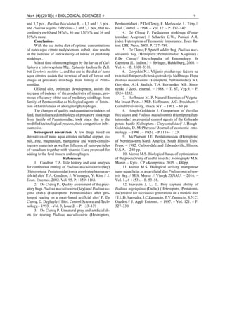 No 4 (4) (2016) | # BIOLOGICAL SCIENCES # 9
and 3,7 pcs., Perillus bioculatus F. – 1,3 and 1,5 pcs..
and Podisus sagitta Fabricius – 3 and 3,1 pcs., that ac-
cordingly on 60 and 54%%, 86 and 150%% and 36 and
35%% more.
Conclusions
With the use in the diet of optimal concentrations
of nano aqua citrate molybdenum, cobalt, zinc results
in the increase of survivability of larvae of predatory
stinkbugs .
Mixed feed of entomophages by the larvae of Cal-
liphora erythrocephala Mg., Ephestia kuehniella Zell.
but Tenebrio molitor L. and the use in the diet of nano
aqua citrates assists the increase of exit of larvae and
imago of predatory stinkbugs from family of Penta-
tomidae.
Offered diet, optimizes development, assists the
increase of indexes of the productivity of imago, pro-
motes efficiency of the use of predatory stinkbugs from
family of Pentatomidae as biological agents of limita-
tion of harmfulness of aboriginal phytophages.
The changes of quality and quantitative indexes of
feed, that influenced on biology of predatory stinkbugs
from family of Pentatomidae, took place due to the
modified technological process, their competition in bi-
ocenosiss.
Subsequent researches. A few drugs based on
derivatives of nano aqua citrates included copper, co-
balt, zinc, magnesium, manganese and water-contain-
ing raw materials as well as fullerene of nano-particles
of vanadium together with vitamin E are proposed for
adding to the feed insects and zoophages.
References
1. Coudron T.A. Life history and cost analysis
for continuous rearing of Podisus maculiventris (Say)
(Heteroptera: Pentatomidae) on a zoophytophagous ar-
tificial diet/ T.A. Coudron, J. Wittmeyer, Y. Kim // J.
Econ. Entomol. 2002. Vol. 95. P. 1159–1168.
2. De Clercq P., Quality assessment of the pred-
atory bugs Podisus maculiventris (Say) and Podisus sa-
gitta (Fab.) (Heteroptera: Pentatomidae) after pro-
longed rearing on a meat–based artificial diet/ P. De
Clercq, D. Degheele // Biol. Control Science and Tech-
nology.– 1993. –Vol. 3, Issue 2. – P. 133–139
3. De Clercq P. Unnatural prey and artificial di-
ets for rearing Podisus maculiventris (Heteroptera,
Pentatomidae) / P.De Clercq, F. Merlevede, L. Tirry //
Biol. Control. – 1998. – Vol. 12. – P. 137–142.
4. De Clercq P. Predaceous stinkbugs (Penta-
tomidae: Asopinae) // Schaefer C.W., Panizzi A.R.
(eds). Heteroptera of Economic Importance. Boca Ra-
ton: CRC Press, 2000. P. 737–789.
5. De Clercq P. Spined soldier bug, Podisus mac-
uliventris Say. (Hemiptera: Pentatomidae: Asopinae) /
P.De Clercq// Encyclopedia of Entomology. In
Capinera JL. (editor.) – Springer, Heidelberg, 2008. –
Vol. 4. – P. 3508–3510.
6. Goryshin N.I. Vlijanie pishhevogo faktora na
razvitie i fotoperiodicheskuju reakciju hishhnogo klopa
Podisus maculiventris (Hemiptera, Pentatomidae)/ N.I.
Goryshin, A.H. Saulich, T.A. Borisenko, N.P. Simo-
nenko // Zool. zhurnal. – 1988. – Т. 67, Vyp.9. – P.
1324–1332.
7. Hoffmann M. P. Natural Enemies of Vegeta-
ble Insect Pests. / M.P. Hoffmann, A.C. Frodsham //
Cornell University, Ithaca, NY. – 1993. – 63 pp.
8. Hough-Goldstein J. Comparison of Perillus
bioculatus and Podisus maculiventris (Hemiptera:Pen-
tatomidae) as potential control agents of the Colorado
potato beetle (Coleoptera : Chrysomelidae)/ J. Hough-
Goldstein, D. McPherson// Journal of economic ento-
mology. – 1996 . – 89(5). – P.1116– 1123.
9. McPherson J.E. Pentatomoidea (Hemiptera)
of Northeas-tern North America. South Illinois Univ.
Press. – 1982. Carbon-dale and Edwardsville, Illinois,
U.S.A. – 240 pp.
10. Moroz М.S. Biological bases of optimization
of the productivity of useful insects : Monograph/ М.S.
Moroz. – Кyiv.: CP «Komprint», 2015. – 480pp.
11. Moroz M.S. Biological activity manganese
nano aquachelat in an artificial diet Podisus maculiven-
tris Say. / M.S. Moroz // Visnyk ZhNAU. – 2016. –
Vol. 1., # 1 (53). – P. 53–58.
12. Saavedra J. L. D. Prey capture ability of
Podisus nigrispinus (Dallas) (Heteroptera, Pentatomi-
dae) reared for successive generations on a meridic diet
/ J.L.D. Saavedra, J.C.Zanuncio, T.V.Zanuncio, R.N.C.
Guedes // J. Appl. Entomol. – 1997. – Vol. 121. – P.
327–330.
 