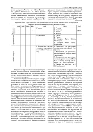 18 Sciences of Europe # 44, (2019)
рубля, препаратом Резорба 4 мг / 100 мл (Россия) –
9743 рубля, а Метастазолом 4 мг / 100 мл (Россия)
– 5870 рублей. Сравнительная оценка ценовой по-
литики лекарственных препаратов золедроновой
кислоты показал, что препараты отечественного
производства гораздо дешевле зарубежных. При
сравнении золедроновой кислоты одинаковой
формы выпуска и концентрацией действующего ве-
щества выявлено, что стоимость зарубежных пре-
вышает стоимость лекарственных препаратов, про-
изведенных в России на 90% и более. В некоторых
случаях эта разница может достигать 200%.
Таблица 1
Сравнительная характеристика золедроновой кислоты на основе рекомендаций Федеральных
руководств по использованию лекарственных средств
2000 2001 2008 2009 2010 2016 2017
Торговое
название
- - - -
1. Зомета 1. Резорба
2. Золерикс
3. Зомета
4. Акласта
МНН
Производитель
1. Швейцария 1. Россия
2. Россия
3. Новартис Фарма Штейн,
Швейцария
4. Новартис Фарма Штейн,
Швейцария
Формавыпуска
1. Концентрат для при-
готовления раствора для
инфузий 4 мг / 5 мл (фла-
кон)
1. Лиофилизат для приготовле-
ния раствора для инфузий 4 мг
(флакон)
2. Концентрат для приготовле-
ния раствора для инфузий 0,8 мг
/ мл (флакон)
3. Концентрат для приготовле-
ния раствора для инфузий 4 мг /
5 мл (флакон), раствор для ин-
фузий 4 мг / 100 мл (флакон)
4. Раствор для инфузий, 5 мг /
100 мл (флакон)
Введение золедроновой кислоты под междуна-
родным непатентованным наименованием может
нести как положительные, так и отрицательные ас-
пекты в использовании данного препарата для фар-
макотерапии остеопороза.
Наличие в Федеральном руководстве золедро-
новой кислоты под МНН дает возможность выбора
лекарственного препарата с учетом финансовой
возможности пациента, предоставляет право вы-
бора страны - производителя. Например, одним из
аналогов золедроновой кислоты в России является
препарат Резокластин 5 мг. Рассматривая реаль-
ность современной экономической ситуации и
направленность на увеличение импортозамещения,
все чаще поднимается вопрос о соотношении каче-
ства и эффективности аналогов лекарственных пре-
паратов, производимых за рубежом. Поэтому акту-
ально проведение исследований по сравнению дже-
нерика и оригинального препарата в различных
клинических ситуациях и популяционных группах.
На данный момент имеется достаточное количе-
ство данных об использовании лекарственного пре-
парата Резокластина 5 мг [10]. В 2014 году опубли-
кованы результаты анализа клинического исследо-
вания применения Резокластина 5 мг у пациентов с
остеопорозом [11, с. 22-26]. В исследовании участ-
вовали 123 пациента в возрасте от 27 до 78 лет (118
женщин и 5 мужчин с различной этиологией осте-
опороза), продолжительность фармакотерапии со-
ставила от полугода до 2 лет. По результатам иссле-
дования отмечена значительная динамика прироста
минеральной плотности костей (МПК): в пояснич-
ном отделе позвоночника на 4%, в проксимальном
отделе бедра на 3% через 1 год терапии препара-
томи на 6% и 4% соответственно через 2 года, что
соизмеримо с результатами, описанными при при-
менении оригинального препарата золедроновой
кислоты. По результатам ряда исследований уста-
новлено, что у 10 женщин с остеопенией по Т-кри-
терию (количество стандартных отклонений от
среднего значения МПКТ здоровых лиц в возрасте
20-40 лет) от -1,0 до -2,5 SD МПК в области пред-
плечья увеличился практически на 5%, позвоноч-
ника – на 4%, бедренных костей – на 1,3% справа и
на 1,5% слева [12, с. 30-33]. По причине активного
прогресса высокотехнологичных и малоинвазив-
ных методов хирургического лечения переломов
перед специалистами возникает проблема осложне-
ний эндопротезирования и восстановления метабо-
лизма у пациентов с низкой МПК и остеопорозом
после восстановительных операций. В 2016 году
опубликовано исследование по результатам ис-
пользования препарата Резокластин 5 мг у пациен-
тов после эндопротезирования коленного или тазо-
бедренного суставов и имеющих низкую МПК (Т-
критерий от -1,0 до -4,5 SD). Лекарственное сред-
ство вводилось на 20 – 30 сутки после проведения
операции. По результатам рентгенологического ис-
следования ни один из 50 пациентов, получавших
 
