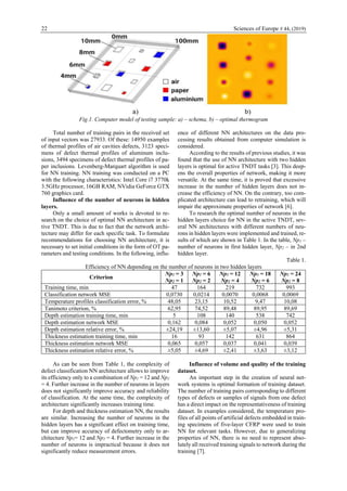 22 Sciences of Europe # 44, (2019)
Fig.1. Computer model of testing sample: a) – schema, b) – optimal thermogram
Total number of training pairs in the received set
of input vectors was 27933. Of these: 14950 examples
of thermal profiles of air cavities defects, 3123 speci-
mens of defect thermal profiles of aluminum inclu-
sions, 3494 specimens of defect thermal profiles of pa-
per inclusions. Levenberg-Marquart algorithm is used
for NN training. NN training was conducted on a PC
with the following characteristics: Intel Core i7 3770k
3.5GHz processor, 16GB RAM, NVidia GeForce GTX
760 graphics card.
Influence of the number of neurons in hidden
layers.
Only a small amount of works is devoted to re-
search on the choice of optimal NN architecture in ac-
tive TNDT. This is due to fact that the network archi-
tecture may differ for each specific task. To formulate
recommendations for choosing NN architecture, it is
necessary to set initial conditions in the form of OT pa-
rameters and testing conditions. In the following, influ-
ence of different NN architectures on the data pro-
cessing results obtained from computer simulation is
considered.
According to the results of previous studies, it was
found that the use of NN architecture with two hidden
layers is optimal for active TNDT tasks [3]. This deep-
ens the overall properties of network, making it more
versatile. At the same time, it is proved that excessive
increase in the number of hidden layers does not in-
crease the efficiency of NN. On the contrary, too com-
plicated architecture can lead to retraining, which will
impair the approximate properties of network [6].
To research the optimal number of neurons in the
hidden layers choice for NN in the active TNDT, sev-
eral NN architectures with different numbers of neu-
rons in hidden layers were implemented and trained, re-
sults of which are shown in Table 1. In the table, Np1 –
number of neurons in first hidden layer, Np2 – in 2nd
hidden layer.
Table 1.
Efficiency of NN depending on the number of neurons in two hidden layers
Criterion
Np1 = 3
Np2 = 1
Np1 = 6
Np2 = 2
Np1 = 12
Np2 = 4
Np1 = 18
Np2 = 6
Np1 = 24
Np2 = 8
Training time, min 47 164 219 732 993
Classification network MSE 0,0730 0,0214 0,0070 0,0068 0,0069
Temperature profiles classification error, % 48,05 23,15 10,52 9,47 10,08
Tanimoto criterion, % 62,95 74,52 89,48 89,95 89,69
Depth estimation training time, min 5 108 140 538 742
Depth estimation network MSE 0,162 0,084 0,052 0,050 0,052
Depth estimation relative error, % ±24,19 ±13,60 ±5,07 ±4,96 ±5,31
Thickness estimation training time, min 16 93 142 631 864
Thickness estimation network MSE 0,065 0,057 0,037 0,041 0,039
Thickness estimation relative error, % ±5,05 ±4,69 ±2,41 ±3,63 ±3,12
As can be seen from Table 1, the complexity of
defect classification NN architecture allows to improve
its efficiency only to a combination of Np1 = 12 and Np2
= 4. Further increase in the number of neurons in layers
does not significantly improve accuracy and reliability
of classification. At the same time, the complexity of
architecture significantly increases training time.
For depth and thickness estimation NN, the results
are similar. Increasing the number of neurons in the
hidden layers has a significant effect on training time,
but can improve accuracy of defectometry only to ar-
chitecture Np1= 12 and Np2 = 4. Further increase in the
number of neurons is impractical because it does not
significantly reduce measurement errors.
Influence of volume and quality of the training
dataset.
An important step in the creation of neural net-
work systems is optimal formation of training dataset.
The number of training pairs corresponding to different
types of defects or samples of signals from one defect
has a direct impact on the representativeness of training
dataset. In examples considered, the temperature pro-
files of all points of artificial defects embedded in train-
ing specimens of five-layer CFRP were used to train
NN for relevant tasks. However, due to generalizing
properties of NN, there is no need to represent abso-
lutely all received training signals to network during the
training [7].
 