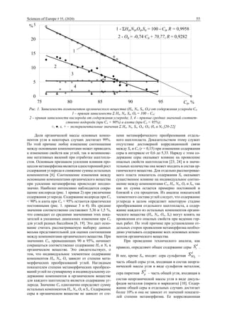 Sciences of Europe # 55, (2020) 55
Рис. 1. Зависимость компонентов органического вещества (Ho, No, So, Oo) от содержания углерода Co.
1 – прямая зависимости Σ Ho, No, So, Oo = 100 – Со;
2 – кривая зависимости кислорода от содержания углерода; 3, 4 – прямые средних значений соответ-
ственно водорода (при Со < 90%) и азота (при Со < 95%);
○, ●, х, + – экспериментальные значения Σ Ho, No, So, Oo; Oo; Ho и No [20-22]
Доля органической массы основных компо-
нентов угля в некоторых случаях достигает 99%.
По этой причине любое изменение соотношения
между основными компонентами может приводить
к изменению свойств как углей, так и возникнове-
ние негативных явлений при отработке шахтопла-
стов. Основным признаком усиления влияния про-
цессов метаморфизма является односторонний рост
содержания углерода и снижение суммы остальных
компонентов [6]. Соотношение изменения между
основными компонентами органического вещества
при усилении метаморфизма происходят неодно-
значно. Наиболее интенсивно наблюдается сокра-
щение кислорода (рис. 1 кривая 2) при увеличении
содержания углерода. Содержание водорода при Со
< 90% и азота при Со < 95% остаются практически
постоянными (рис. 1. прямые 3 и 4). Их средние
значения соответственно составляют 5,36 и 1,5 %,
что совпадает со средними значениями этих пока-
зателей в указанных диапазонах изменения при Со
для углей разных бассейнов [6, 19]. Это дает осно-
вание считать рассматриваемую выборку данных
весьма представительной для оценки соотношения
между компонентами органического вещества. При
значениях Со, превышающих 90 и 95%, начинает
сокращаться соответственно содержание Ho и No в
органическом веществе. Это свидетельствует, о
том, что индивидуальное элементное содержание
компонентов Ho, No, Oo зависит от степени мета-
морфических преобразований углей. Наглядным
показателем степени метаморфических преобразо-
ваний углей по суммарному и индивидуальному со-
держанию компонентов в органическом веществе
для каждого шахтопласта является содержание уг-
лерода. Значение Со однозначно определяет сумму
остальных компонентов Ho, No, Oo и So. Содержание
серы в органическом веществе не зависит от сте-
пени метаморфического преобразования отдель-
ного шахтопласта. Доказательством этому служит
отсутствие достоверной корреляционной связи
между So и Со (r = 0,15) при изменении содержания
серы в интервале от 0,6 до 5,33. Наряду с этим со-
держание серы оказывает влияние на проявление
опасных свойств шахтопластов [23, 24] и в значи-
тельных количества она может входить в состав ор-
ганического вещества. Для отдельно рассматривае-
мого пласта показатель содержания So оказывает
существенное влияние на индивидуальное соотно-
шение между компонентами Со, Ho, No, Oo и So, так
как их сумма остается примерно постоянной и
близкой к ста процентам. Из анализа показателей
элементного состава углей следует, что содержание
углерода в целом определяет некоторую стадию
преобразования отдельного шахтопласта, а содер-
жание каждого из остальных компонентов органи-
ческого вещества (Ho, No, Oo, So) могут влиять на
проявления его опасных свойств при ведении гор-
ных работ. По этой причине при установлении от-
дельных сторон проявления метаморфизма необхо-
димо учитывать содержание всех основных компо-
нентов органического вещества.
При проведении технического анализа, как
правило, определяют общее содержание серы .
В нее, кроме So, входят: сера сульфатная –
часть общей серы угля, входящая в состав неорга-
нической массы угля в виде сульфатов металлов;
сера пиритная – часть общей угля, входящая в
состав неорганической массы угля в виде дисуль-
фидов металлов (пирита и марказита) [10]. Содер-
жание общей серы в отдельных случаях достигает
более 10% и она не зависит от значений показате-
лей степени метаморфизма. Ее корреляционная
4
2
3
1
1 - ΣH0,N0,O0,S0 = 100 - C0, R = 0,9958
2 - O0 = -0,74·C0 + 70,77, R = 0,9282
0
5
10
15
20
25
75 80 85 90 95 100
%
C0, %
d
tS
4
d
SOS
d
pS
 