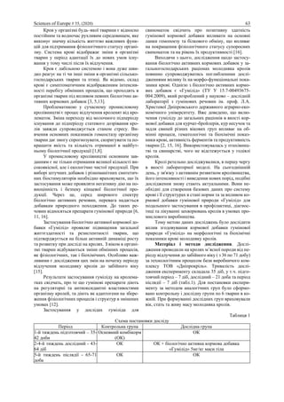 Sciences of Europe # 55, (2020) 63
Кров у організмі будь–якої тварини є відносно
постійним та водночас рухливим середовищем, яке
виконує значну кількість життєво важливих функ-
цій для підтримання фізіологічного статусу органі-
зму. Система крові відображає зміни в організмі
тварин у період адаптації їх до нових умов існу-
вання у тому числі після їх відлучення.
Кров є лабільною системою і вона дуже шви-
дко реагує на ті чи інші зміни в організмі сільсько-
господарських тварин та птиці. Як відомо, склад
крові є симптоматичним відображенням інтенсив-
ності перебігу обмінних процесів, що проходять в
організмі тварин під впливом певних біологічно ак-
тивних кормових добавок [3, 5,13].
Проблематикою у сучасному промисловому
кролівництві є процес відлучення кроленят від кро-
лематок. Зміна переходу від молочного підперіоду
існування до підперіоду статевого дозрівання кро-
лів завжди супроводжується станом стресу. Ви-
вчення основних показників гомеостазу організму
тварин дає змогу спрогнозувати, скоригувати та по-
кращити якість та кількість отриманої в майбут-
ньому біологічної продукції [1,8].
У промисловому кролівництві основним зав-
данням є не тільки отримання великої кількості ви-
сокоякісної, але і екологічно чистої продукції. При
виборі штучних добавок і різноманітних синтетич-
них біостимуляторів необхідно враховувати, що їх
застосування може проявляти негативну дію на по-
вноцінність і безпеку кінцевої біологічної про-
дукції. Через це, серед широкого спектру
біологічно активних речовин, перевага надається
добавкам природного походження. До таких ре-
човин відносяться препарати гумінової природи [6,
11, 16].
Застосування біологічно активної кормової до-
бавки «Гумілід» проявляє підвищення загальної
життєздатності та резистентності тварин, що
підтверджується на більш активній динаміці росту
та розвитку при досліді на кролях. З віком в органі-
змі тварин відбуваються зміни обмінних процесів,
як фізіологічних, так і біохімічних. Особливо важ-
ливими є дослідження цих змін на початку періоду
відлучення молодняку кролів до забійного віку
[15].
Результати застосування гуміліду на кролема-
тках свідчать, про те що гумінові препарати діють
на регуляторні та антиоксидантні властивостями
організму кролей, та діють як адаптогени на збере-
ження фізіологічних процесів і структур в змінених
умовах [12].
Застосування у дослідах гуміліда для
свиноматок свідчить про позитивну здатність
гумінової кормової добавки впливати на основні
ланки гемопоезу та білкового обміну, що впливає
на покращення фізіологічного статусу супоросних
свиноматок та на рівень їх продуктивності [16].
Виходячи з цього, дослідження щодо застосу-
вання біологічно активних кормових добавок у за-
гальногосподарських раціонах молодняка кролів
повинно супроводжуватись поглибленими дослі-
дженнями впливу їх на морфо-функціональні пока-
зники крові. Однією з біологічно активних кормо-
вих добавок є «Гумілід» (ТУ У 15.7-00493675-
004:2009), який розроблений у науково – дослідній
лабораторії з гумінових речовин ім. проф. Л.А.
Христевої Дніпровського державного аграрно-еко-
номічного університету. Вже доведено, що вклю-
чення гуміліду до загальних раціонів в якості кор-
мової добавки для курчат-бройлерів, кур несучок та
задля свиней різних вікових груп впливає на об-
мінні процеси, гематологічні та біохімічні показ-
ники крові, активність ферментів та продуктивність
тварин [2, 15, 16]. Використовувалась у птахівниц-
тві та свинарстві, чого не відстежується у годівлі
кролів.
Кролі ретельно досліджувалися, в першу чергу
в якості лабораторної моделі. На сьогоднішній
день, у зв'язку з активним розвитком кролівництва,
його інтенсивності і виведення нових порід, подібні
дослідження знову стають актуальними. Вони не-
обхідні для створення базових даних про систему
крові і її структурах в стані норми та за впливом ко-
рмової добавки гумінової природи «Гумілід» для
подальшого застосування в профілактиці, діагнос-
тиці та лікуванні захворювань кролів в умовах про-
мислового виробництва.
Тому метою даних досліджень було дослідити
вплив згодовування кормової добавки гумінової
природи «Гумілід» на морфологічні та біохімічні
показники крові молодняку кролів.
Матеріал і методи дослідження. Дослі-
дження проводили на кролях м’ясної породи від пе-
ріоду відлучення до забійного віку ( з 36 по 71 добу)
за технологічним процесом бази виробничого ком-
плексу ТОВ «Дніпрокріль». Тривалість дослі-
дження експерименту складала 35 діб, у т.ч. підго-
товчий період – 7 діб, дослідний – 21 доба та період
післядії – 7 діб (табл.1). Для постановки експери-
менту за методом аналогічних груп було сформо-
вано контрольну і дослідну групи по 6 тварин в ко-
жній. При формуванні дослідних груп враховували
вік, стать та живу масу молодняка кролів.
Таблиця 1
Схема постановки досліду
Період Контрольна група Дослідна група
1-й тиждень підготовчий – 35-
42 доби
Основний комбікорм
(ОК)
ОК
2-4-й тиждень дослідний - 43-
64 діб
ОК ОК + біологічно активна кормова добавка
«Гумілід» 5мг/кг маси тіла
5-й тиждень післядії - 65-71
доба
ОК ОК
 