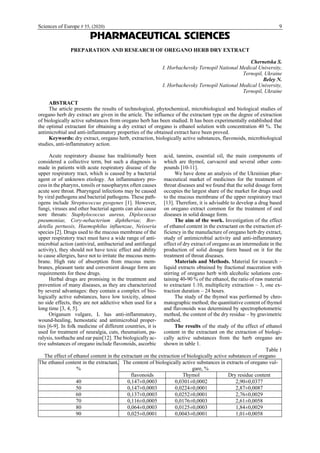 Sciences of Europe # 55, (2020) 9
PHARMACEUTICAL SCIENCES
PREPARATION AND RESEARCH OF OREGANO HERB DRY EXTRACT
Chernetska S.
I. Horbachevsky Ternopil National Medical University,
Ternopil, Ukraine
Beley N.
I. Horbachevsky Ternopil National Medical University,
Ternopil, Ukraine
ABSTRACT
The article presents the results of technological, phytochemical, microbiological and biological studies of
oregano herb dry extract are given in the article. The influence of the extractant type on the degree of extraction
of biologically active substances from oregano herb has been studied. It has been experimentally established that
the optimal extractant for obtaining a dry extract of oregano is ethanol solution with concentration 40 %. The
antimicrobial and anti-inflammatory properties of the obtained extract have been proved.
Keywords: dry extract, oregano herb, extraction, biologically active substances, flavonoids, microbiological
studies, anti-inflammatory action.
Acute respiratory disease has traditionally been
considered a collective term, but such a diagnosis is
made in patients with acute respiratory disease of the
upper respiratory tract, which is caused by a bacterial
agent or of unknown etiology. An inflammatory pro-
cess in the pharynx, tonsils or nasopharynx often causes
acute sore throat. Pharyngeal infections may be caused
by viral pathogens and bacterial pathogens. These path-
ogens include Streptococcus pyogenes [1]. However,
fungi, viruses and other bacterial agents can also cause
sore throats: Staphylococcus aureus, Diplococcus
pneumoniae, Cory-nebacterium diphtheriae, Bor-
detella pertussis, Haemophilus influenzae, Neisseria
species [2]. Drugs used to the mucous membrane of the
upper respiratory tract must have a wide range of anti-
microbial action (antiviral, antibacterial and antifungal
activity), they should not have toxic effect and ability
to cause allergies, have not to irritate the mucous mem-
brane. High rate of absorption from mucous mem-
branes, pleasant taste and convenient dosage form are
requirements for these drugs.
Herbal drugs are promising in the treatment and
prevention of many diseases, as they are characterized
by several advantages: they contain a complex of bio-
logically active substances, have low toxicity, almost
no side effects, they are not addictive when used for a
long time [3, 4, 5].
Origanum vulgare, L has anti-inflammatory,
wound-healing, hemostatic and antimicrobial proper-
ties [6-9]. In folk medicine of different countries, it is
used for treatment of neuralgia, cuts, rheumatism, pa-
ralysis, toothache and ear pain[12]. The biologically ac-
tive substances of oregano include flavonoids, ascorbic
acid, tannins, essential oil, the main components of
which are thymol, carvacrol and several other com-
pounds [10-11].
We have done an analysis of the Ukrainian phar-
maceutical market of medicines for the treatment of
throat diseases and we found that the solid dosage form
occupies the largest share of the market for drugs used
to the mucous membrane of the upper respiratory tract
[13]. Therefore, it is advisable to develop a drug based
on oregano extract common for the treatment of oral
diseases in solid dosage form.
The aim of the work. Investigation of the effect
of ethanol content in the extractant on the extraction ef-
ficiency in the manufacture of oregano herb dry extract,
study of antimicrobial activity and anti-inflammatory
effect of dry extract of oregano as an intermediate in the
production of solid dosage form based on it for the
treatment of throat diseases.
Materials and Methods. Material for research –
liquid extracts obtained by fractional maceration with
stirring of oregano herb with alcoholic solutions con-
taining 40-90 % of the ethanol, the ratio of raw material
to extractant 1:10, multiplicity extraction – 3, one ex-
traction duration – 24 hours.
The study of the thymol was performed by chro-
matographic method; the quantitative content of thymol
and flavonoids was determined by spectrophotometric
method, the content of the dry residue – by gravimetric
method.
The results of the study of the effect of ethanol
content in the extractant on the extraction of biologi-
cally active substances from the herb oregano are
shown in table 1.
Table 1
The effect of ethanol content in the extractant on the extraction of biologically active substances of oregano
The ethanol content in the extractant,
%
The content of biologically active substances in extracts of oregano vul-
gare, %
flavonoids Thymol Dry residue content
40 0,147±0,0003 0,0301±0,0002 2,90±0,0377
50 0,147±0,0003 0,0224±0,0001 2,87±0,0087
60 0,137±0,0003 0,0252±0,0001 2,76±0,0029
70 0,116±0,0005 0,0176±0,0003 2,61±0,0058
80 0,064±0,0003 0,0125±0,0003 1,84±0,0029
90 0,025±0,0001 0,0043±0,0001 1,01±0,0058
 