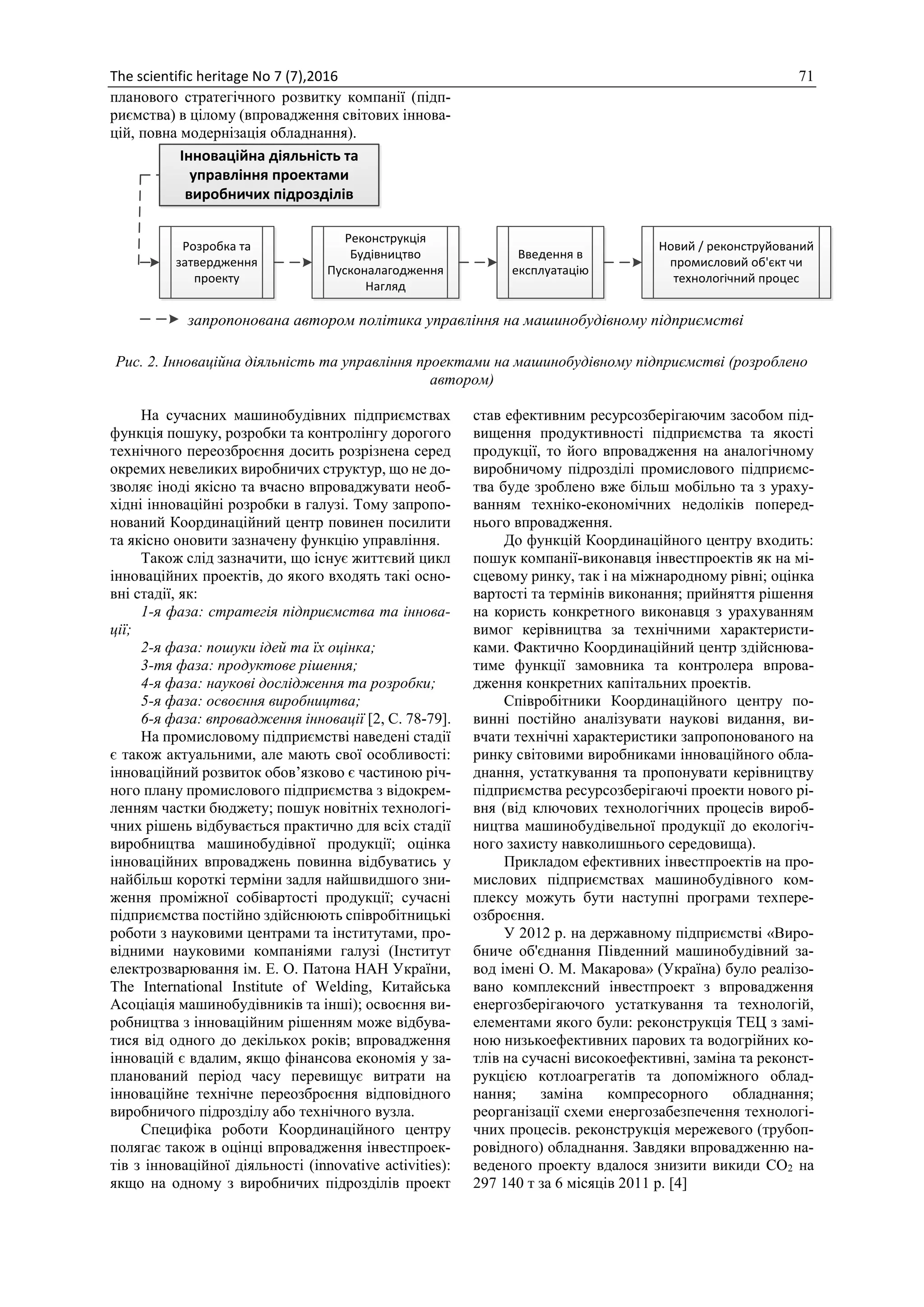 The scientific heritage No 7 (7),2016 71
планового стратегічного розвитку компанії (підп-
риємства) в цілому (впровадження світових іннова-
цій, повна модернізація обладнання).
Інноваційна діяльність та
управління проектами
виробничих підрозділів
Розробка та
затвердження
проекту
Реконструкція
Будівництво
Пусконалагодження
Нагляд
Введення в
експлуатацію
Новий / реконструйований
промисловий об'єкт чи
технологічний процес
запропонована автором політика управління на машинобудівному підприємстві
Рис. 2. Інноваційна діяльність та управління проектами на машинобудівному підприємстві (розроблено
автором)
На сучасних машинобудівних підприємствах
функція пошуку, розробки та контролінгу дорогого
технічного переозброєння досить розрізнена серед
окремих невеликих виробничих структур, що не до-
зволяє іноді якісно та вчасно впроваджувати необ-
хідні інноваційні розробки в галузі. Тому запропо-
нований Координаційний центр повинен посилити
та якісно оновити зазначену функцію управління.
Також слід зазначити, що існує життєвий цикл
інноваційних проектів, до якого входять такі осно-
вні стадії, як:
1-я фаза: стратегія підприємства та іннова-
ції;
2-я фаза: пошуки ідей та їх оцінка;
3-тя фаза: продуктове рішення;
4-я фаза: наукові дослідження та розробки;
5-я фаза: освоєння виробництва;
6-я фаза: впровадження інновації [2, C. 78-79].
На промисловому підприємстві наведені стадії
є також актуальними, але мають свої особливості:
інноваційний розвиток обов’язково є частиною річ-
ного плану промислового підприємства з відокрем-
ленням частки бюджету; пошук новітніх технологі-
чних рішень відбувається практично для всіх стадії
виробництва машинобудівної продукції; оцінка
інноваційних впроваджень повинна відбуватись у
найбільш короткі терміни задля найшвидшого зни-
ження проміжної собівартості продукції; сучасні
підприємства постійно здійснюють співробітницькі
роботи з науковими центрами та інститутами, про-
відними науковими компаніями галузі (Інститут
електрозварювання ім. Е. О. Патона НАН України,
The International Institute of Welding, Китайська
Асоціація машинобудівників та інші); освоєння ви-
робництва з інноваційним рішенням може відбува-
тися від одного до декількох років; впровадження
інновацій є вдалим, якщо фінансова економія у за-
планований період часу перевищує витрати на
інноваційне технічне переозброєння відповідного
виробничого підрозділу або технічного вузла.
Специфіка роботи Координаційного центру
полягає також в оцінці впровадження інвестпроек-
тів з інноваційної діяльності (innovative activities):
якщо на одному з виробничих підрозділів проект
став ефективним ресурсозберігаючим засобом під-
вищення продуктивності підприємства та якості
продукції, то його впровадження на аналогічному
виробничому підрозділі промислового підприємс-
тва буде зроблено вже більш мобільно та з ураху-
ванням техніко-економічних недоліків поперед-
нього впровадження.
До функцій Координаційного центру входить:
пошук компанії-виконавця інвестпроектів як на мі-
сцевому ринку, так і на міжнародному рівні; оцінка
вартості та термінів виконання; прийняття рішення
на користь конкретного виконавця з урахуванням
вимог керівництва за технічними характеристи-
ками. Фактично Координаційний центр здійснюва-
тиме функції замовника та контролера впрова-
дження конкретних капітальних проектів.
Співробітники Координаційного центру по-
винні постійно аналізувати наукові видання, ви-
вчати технічні характеристики запропонованого на
ринку світовими виробниками інноваційного обла-
днання, устаткування та пропонувати керівництву
підприємства ресурсозберігаючі проекти нового рі-
вня (від ключових технологічних процесів вироб-
ництва машинобудівельної продукції до екологіч-
ного захисту навколишнього середовища).
Прикладом ефективних інвестпроектів на про-
мислових підприємствах машинобудівного ком-
плексу можуть бути наступні програми техпере-
озброєння.
У 2012 р. на державному підприємстві «Виро-
бниче об'єднання Південний машинобудівний за-
вод імені О. М. Макарова» (Україна) було реалізо-
вано комплексний інвестпроект з впровадження
енергозберігаючого устаткування та технологій,
елементами якого були: реконструкція ТЕЦ з замі-
ною низькоефективних парових та водогрійних ко-
тлів на сучасні високоефективні, заміна та реконст-
рукцією котлоагрегатів та допоміжного облад-
нання; заміна компресорного обладнання;
реорганізації схеми енергозабезпечення технологі-
чних процесів. реконструкція мережевого (трубоп-
ровідного) обладнання. Завдяки впровадженню на-
веденого проекту вдалося знизити викиди СО2 на
297 140 т за 6 місяців 2011 р. [4]
 
