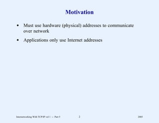 Motivation

d Must use hardware (physical) addresses to communicate
  over network
d Applications only use Internet addresses




Internetworking With TCP/IP vol 1 -- Part 5       2        2005
 