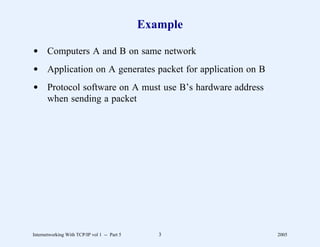 Example

d Computers A and B on same network
d Application on A generates packet for application on B
d Protocol software on A must use B’s hardware address
  when sending a packet




Internetworking With TCP/IP vol 1 -- Part 5      3         2005
 