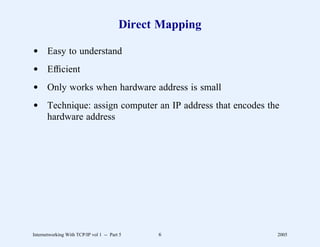Direct Mapping

d Easy to understand
d Efﬁcient
d Only works when hardware address is small
d Technique: assign computer an IP address that encodes the
  hardware address




Internetworking With TCP/IP vol 1 -- Part 5    6          2005
 