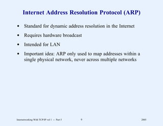 Internet Address Resolution Protocol (ARP)

d Standard for dynamic address resolution in the Internet
d Requires hardware broadcast
d Intended for LAN
d Important idea: ARP only used to map addresses within a
  single physical network, never across multiple networks




Internetworking With TCP/IP vol 1 -- Part 5   9             2005
 