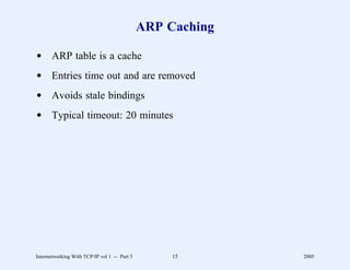 ARP Caching

d ARP table is a cache
d Entries time out and are removed
d Avoids stale bindings
d Typical timeout: 20 minutes




Internetworking With TCP/IP vol 1 -- Part 5        15       2005
 