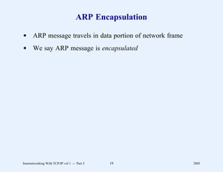 ARP Encapsulation

d ARP message travels in data portion of network frame
d We say ARP message is encapsulated




Internetworking With TCP/IP vol 1 -- Part 5   19         2005
 