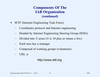 Components Of The
                                     IAB Organization
                                              (continued)
d IETF (Internet Engineering Task Force)
       –      Coordinates protocol and Internet engineering
       –      Headed by Internet Engineering Steering Group (IESG)
       –      Divided into N areas (N is 10 plus or minus a few)
       –      Each area has a manager
       –      Composed of working groups (volunteers)
       –      URL is
                                          http://www.ietf.org



Internetworking With TCP/IP vol 1 -- Part 1        13              2005
 