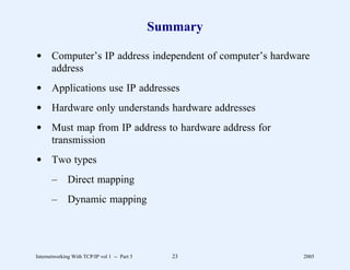 Summary

d Computer’s IP address independent of computer’s hardware
  address
d Applications use IP addresses
d Hardware only understands hardware addresses
d Must map from IP address to hardware address for
  transmission
d Two types
       –      Direct mapping
       –      Dynamic mapping




Internetworking With TCP/IP vol 1 -- Part 5      23     2005
 