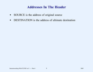 Addresses In The Header

d SOURCE is the address of original source
d DESTINATION is the address of ultimate destination




Internetworking With TCP/IP vol 1 -- Part 6   9        2005
 