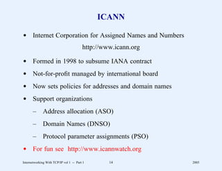 ICANN

d Internet Corporation for Assigned Names and Numbers
                                         http://www.icann.org

d Formed in 1998 to subsume IANA contract
d Not-for-proﬁt managed by international board
d Now sets policies for addresses and domain names
d Support organizations
       –      Address allocation (ASO)
       –      Domain Names (DNSO)
       –      Protocol parameter assignments (PSO)
d For fun see http://www.icannwatch.org
Internetworking With TCP/IP vol 1 -- Part 1       14            2005
 