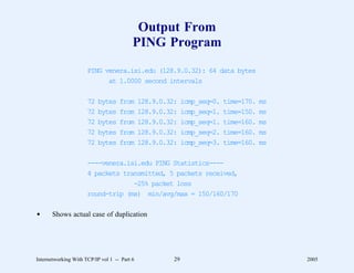 Output From
                                          PING Program
                      PING venera.isi.edu (128.9.0.32): 64 data bytes
                            at 1.0000 second intervals

                      72   bytes    from      128.9.0.32:    icmp_seq=0.   time=170.   ms
                      72   bytes    from      128.9.0.32:    icmp_seq=1.   time=150.   ms
                      72   bytes    from      128.9.0.32:    icmp_seq=1.   time=160.   ms
                      72   bytes    from      128.9.0.32:    icmp_seq=2.   time=160.   ms
                      72   bytes    from      128.9.0.32:    icmp_seq=3.   time=160.   ms

                      ----venera.isi.edu PING Statistics----
                      4 packets transmitted, 5 packets received,
                                   -25% packet loss
                      round-trip (ms) min/avg/max = 150/160/170

d      Shows actual case of duplication




Internetworking With TCP/IP vol 1 -- Part 6             29                                  2005
 
