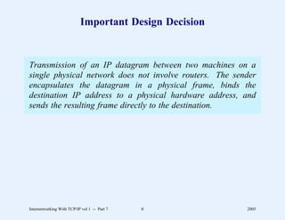 Important Design Decision


Transmission of an IP datagram between two machines on a
single physical network does not involve routers. The sender
encapsulates the datagram in a physical frame, binds the
destination IP address to a physical hardware address, and
sends the resulting frame directly to the destination.




Internetworking With TCP/IP vol 1 -- Part 7   6          2005
 
