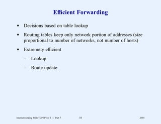 Efﬁcient Forwarding

d Decisions based on table lookup
d Routing tables keep only network portion of addresses (size
  proportional to number of networks, not number of hosts)
d Extremely efﬁcient
       –      Lookup
       –      Route update




Internetworking With TCP/IP vol 1 -- Part 7   10           2005
 