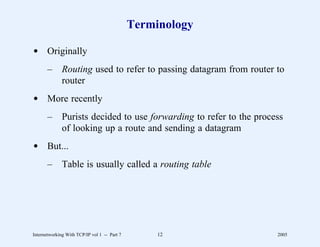 Terminology

d Originally
       –      Routing used to refer to passing datagram from router to
              router
d More recently
       –      Purists decided to use forwarding to refer to the process
              of looking up a route and sending a datagram
d But...
       –      Table is usually called a routing table




Internetworking With TCP/IP vol 1 -- Part 7        12                2005
 