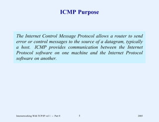 ICMP Purpose


The Internet Control Message Protocol allows a router to send
error or control messages to the source of a datagram, typically
a host. ICMP provides communication between the Internet
Protocol software on one machine and the Internet Protocol
software on another.




Internetworking With TCP/IP vol 1 -- Part 8    5             2005
 