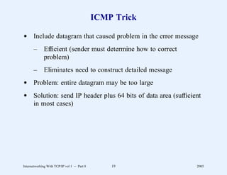 ICMP Trick

d Include datagram that caused problem in the error message
       –      Efﬁcient (sender must determine how to correct
              problem)
       –      Eliminates need to construct detailed message
d Problem: entire datagram may be too large
d Solution: send IP header plus 64 bits of data area (sufﬁcient
  in most cases)




Internetworking With TCP/IP vol 1 -- Part 8       19           2005
 
