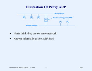 Illustration Of Proxy ARP
                                                        Main Network

                       H1          H2         H3       Router running proxy ARP
                                                   R
                                                               H4       H5

                            Hidden Network




d Hosts think they are on same network
d Known informally as the ARP hack




Internetworking With TCP/IP vol 1 -- Part 9        8                              2005
 