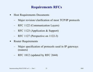 Requirements RFCs

d Host Requirements Documents
       –      Major revision/clariﬁcation of most TCP/IP protocols
       –      RFC 1122 (Communication Layers)
       –      RFC 1123 (Application & Support)
       –      RFC 1127 (Perspective on 1122-3)
d Router Requirements
       –      Major speciﬁcation of protocols used in IP gateways
              (routers)
       –      RFC 1812 (updated by RFC 2644)



Internetworking With TCP/IP vol 1 -- Part 1   21                     2005
 
