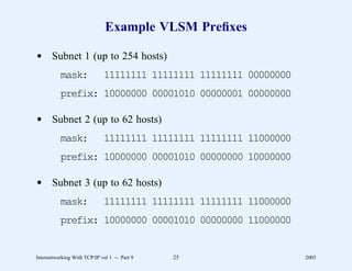 Example VLSM Preﬁxes

d Subnet 1 (up to 254 hosts)
          mask:              11111111 11111111 11111111 00000000
          prefix: 10000000 00001010 00000001 00000000

d Subnet 2 (up to 62 hosts)
          mask:              11111111 11111111 11111111 11000000
          prefix: 10000000 00001010 00000000 10000000

d Subnet 3 (up to 62 hosts)
          mask:              11111111 11111111 11111111 11000000
          prefix: 10000000 00001010 00000000 11000000


Internetworking With TCP/IP vol 1 -- Part 9   25                   2005
 