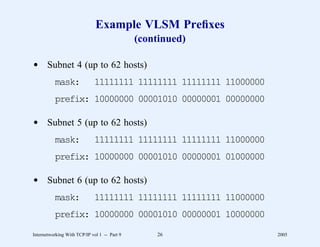 Example VLSM Preﬁxes
                                              (continued)

d Subnet 4 (up to 62 hosts)
          mask:              11111111 11111111 11111111 11000000
          prefix: 10000000 00001010 00000001 00000000

d Subnet 5 (up to 62 hosts)
          mask:              11111111 11111111 11111111 11000000
          prefix: 10000000 00001010 00000001 01000000

d Subnet 6 (up to 62 hosts)
          mask:              11111111 11111111 11111111 11000000
          prefix: 10000000 00001010 00000001 10000000
Internetworking With TCP/IP vol 1 -- Part 9       26               2005
 