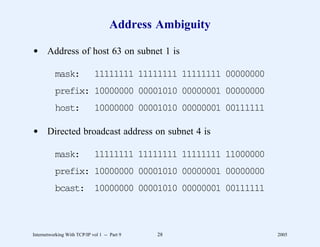 Address Ambiguity

d Address of host 63 on subnet 1 is

          mask:              11111111 11111111 11111111 00000000
          prefix: 10000000 00001010 00000001 00000000
          host:              10000000 00001010 00000001 00111111

d Directed broadcast address on subnet 4 is

          mask:              11111111 11111111 11111111 11000000
          prefix: 10000000 00001010 00000001 00000000
          bcast: 10000000 00001010 00000001 00111111



Internetworking With TCP/IP vol 1 -- Part 9   28                   2005
 