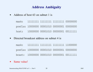 Address Ambiguity

d Address of host 63 on subnet 1 is

          mask:              11111111 11111111 11111111 00000000
          prefix: 10000000 00001010 00000001 00000000
          host:              10000000 00001010 00000001 00111111

d Directed broadcast address on subnet 4 is

          mask:              11111111 11111111 11111111 11000000
          prefix: 10000000 00001010 00000001 00000000
          bcast: 10000000 00001010 00000001 00111111

d Same value!

Internetworking With TCP/IP vol 1 -- Part 9   28                   2005
 