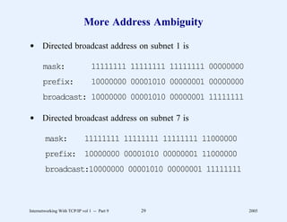 More Address Ambiguity

d Directed broadcast address on subnet 1 is

       mask:                     11111111 11111111 11111111 00000000
       prefix:                   10000000 00001010 00000001 00000000
       broadcast: 10000000 00001010 00000001 11111111

d Directed broadcast address on subnet 7 is

        mask:                11111111 11111111 11111111 11000000
        prefix: 10000000 00001010 00000001 11000000
        broadcast:10000000 00001010 00000001 11111111



Internetworking With TCP/IP vol 1 -- Part 9   29                       2005
 