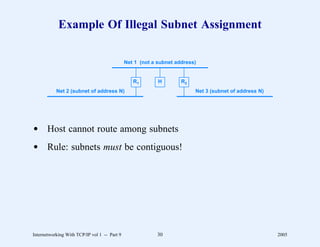 Example Of Illegal Subnet Assignment

                                              Net 1 (not a subnet address)


                                                 R1        H        R2
           Net 2 (subnet of address N)                                   Net 3 (subnet of address N)




d Host cannot route among subnets
d Rule: subnets must be contiguous!




Internetworking With TCP/IP vol 1 -- Part 9               30                                           2005
 
