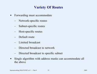 Variety Of Routes

d Forwarding must accommodate
       –      Network-speciﬁc routes
       –      Subnet-speciﬁc routes
       –      Host-speciﬁc routes
       –      Default route
       –      Limited broadcast
       –      Directed broadcast to network
       –      Directed broadcast to speciﬁc subnet
d Single algorithm with address masks can accommodate all
  the above

Internetworking With TCP/IP vol 1 -- Part 9   31          2005
 