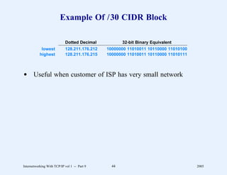 Example Of /30 CIDR Block

                            Dotted Decimal           32-bit Binary Equivalent
            lowest          128.211.176.212   10000000 11010011 10110000 11010100
           highest          128.211.176.215   10000000 11010011 10110000 11010111



d Useful when customer of ISP has very small network




Internetworking With TCP/IP vol 1 -- Part 9     44                                  2005
 