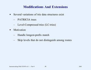 Modiﬁcations And Extensions

d Several variations of trie data structures exist
       –      PATRICIA trees
       –      Level-Compressed tries (LC-tries)
d Motivation
       –      Handle longest-preﬁx match
       –      Skip levels that do not distinguish among routes




Internetworking With TCP/IP vol 1 -- Part 9   49                 2005
 