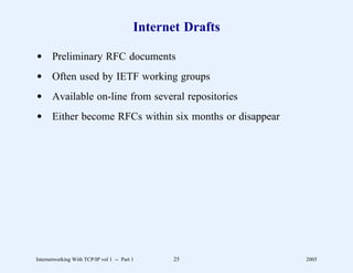 Internet Drafts

d Preliminary RFC documents
d Often used by IETF working groups
d Available on-line from several repositories
d Either become RFCs within six months or disappear




Internetworking With TCP/IP vol 1 -- Part 1     25          2005
 