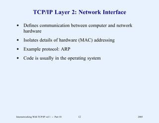 TCP/IP Layer 2: Network Interface

d Deﬁnes communication between computer and network
  hardware
d Isolates details of hardware (MAC) addressing
d Example protocol: ARP
d Code is usually in the operating system




Internetworking With TCP/IP vol 1 -- Part 10   12     2005
 