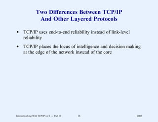 Two Differences Between TCP/IP
                    And Other Layered Protocols

d TCP/IP uses end-to-end reliability instead of link-level
  reliability
d TCP/IP places the locus of intelligence and decision making
  at the edge of the network instead of the core




Internetworking With TCP/IP vol 1 -- Part 10   16            2005
 