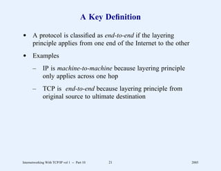 A Key Deﬁnition

d A protocol is classiﬁed as end-to-end if the layering
  principle applies from one end of the Internet to the other
d Examples
       –      IP is machine-to-machine because layering principle
              only applies across one hop
       –      TCP is end-to-end because layering principle from
              original source to ultimate destination




Internetworking With TCP/IP vol 1 -- Part 10   21                   2005
 