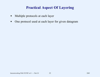 Practical Aspect Of Layering

d Multiple protocols at each layer
d One protocol used at each layer for given datagram




Internetworking With TCP/IP vol 1 -- Part 10   22      2005
 
