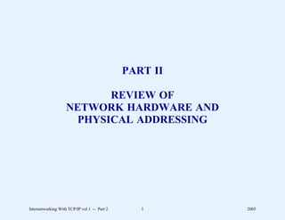 PART II

                           REVIEW OF
                    NETWORK HARDWARE AND
                      PHYSICAL ADDRESSING




Internetworking With TCP/IP vol 1 -- Part 2      1      2005
 