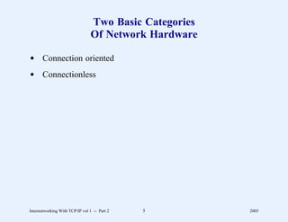 Two Basic Categories
                                Of Network Hardware

d Connection oriented
d Connectionless




Internetworking With TCP/IP vol 1 -- Part 2   5        2005
 
