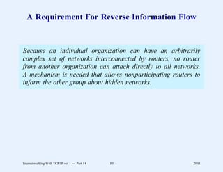 A Requirement For Reverse Information Flow


Because an individual organization can have an arbitrarily
complex set of networks interconnected by routers, no router
from another organization can attach directly to all networks.
A mechanism is needed that allows nonparticipating routers to
inform the other group about hidden networks.




Internetworking With TCP/IP vol 1 -- Part 14   10          2005
 
