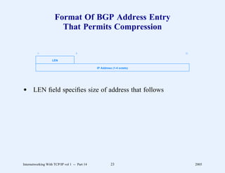Format Of BGP Address Entry
                       That Permits Compression

         0                          8                                    31

                    LEN

                                               IP Address (1-4 octets)




d LEN ﬁeld speciﬁes size of address that follows




Internetworking With TCP/IP vol 1 -- Part 14             23                   2005
 