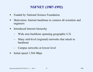 NSFNET (1987-1992)

d Funded by National Science Foundation
d Motivation: Internet backbone to connect all scientists and
  engineers
d Introduced Internet hierarchy
       –      Wide area backbone spanning geographic U.S.
       –      Many mid-level (regional) networks that attach to
              backbone
       –      Campus networks at lowest level
d Initial speed 1.544 Mbps




Internetworking With TCP/IP vol 1 -- Part 2   13                  2005
 