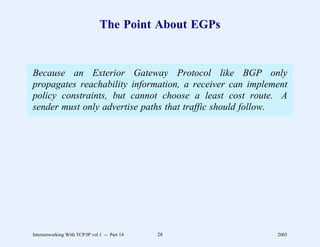 The Point About EGPs


Because an Exterior Gateway Protocol like BGP only
propagates reachability information, a receiver can implement
policy constraints, but cannot choose a least cost route. A
sender must only advertise paths that traffic should follow.




Internetworking With TCP/IP vol 1 -- Part 14   28         2005
 