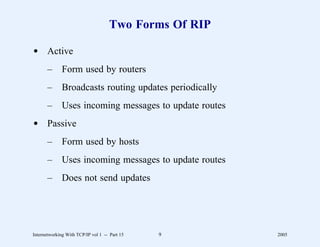 Two Forms Of RIP

d Active
       –      Form used by routers
       –      Broadcasts routing updates periodically
       –      Uses incoming messages to update routes
d Passive
       –      Form used by hosts
       –      Uses incoming messages to update routes
       –      Does not send updates




Internetworking With TCP/IP vol 1 -- Part 15   9        2005
 